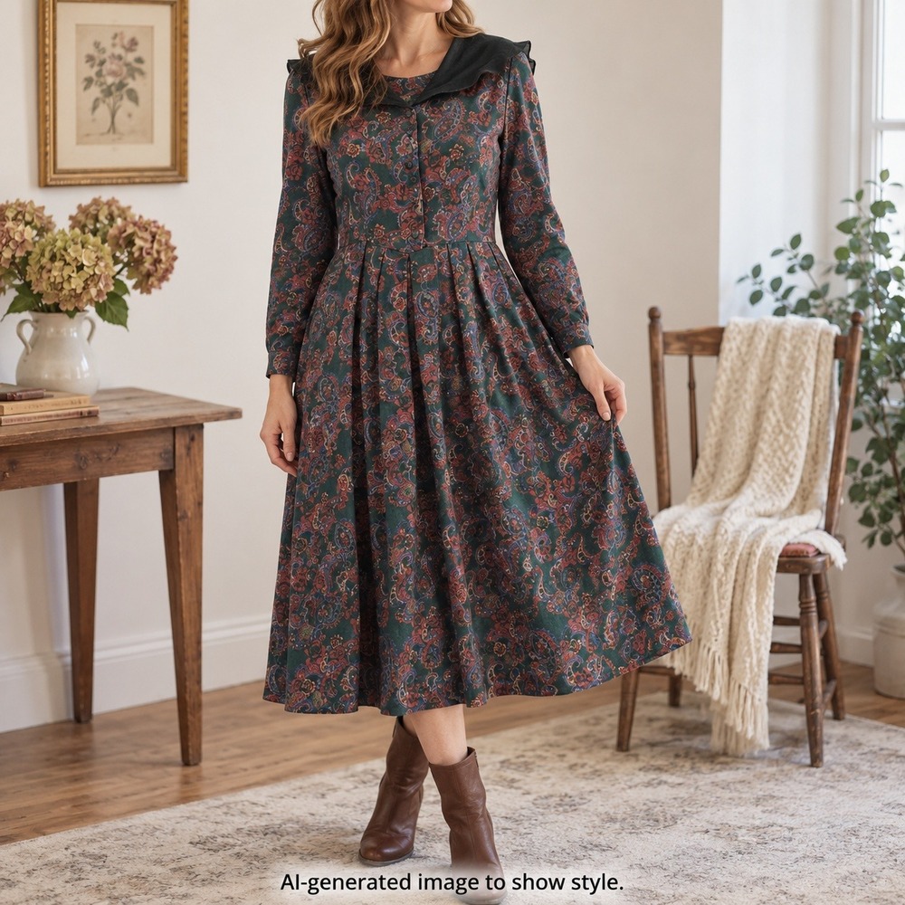 Laura Ashley Vintage 80s Paisley Pleated Midi Dress Sheer Collar Size 14